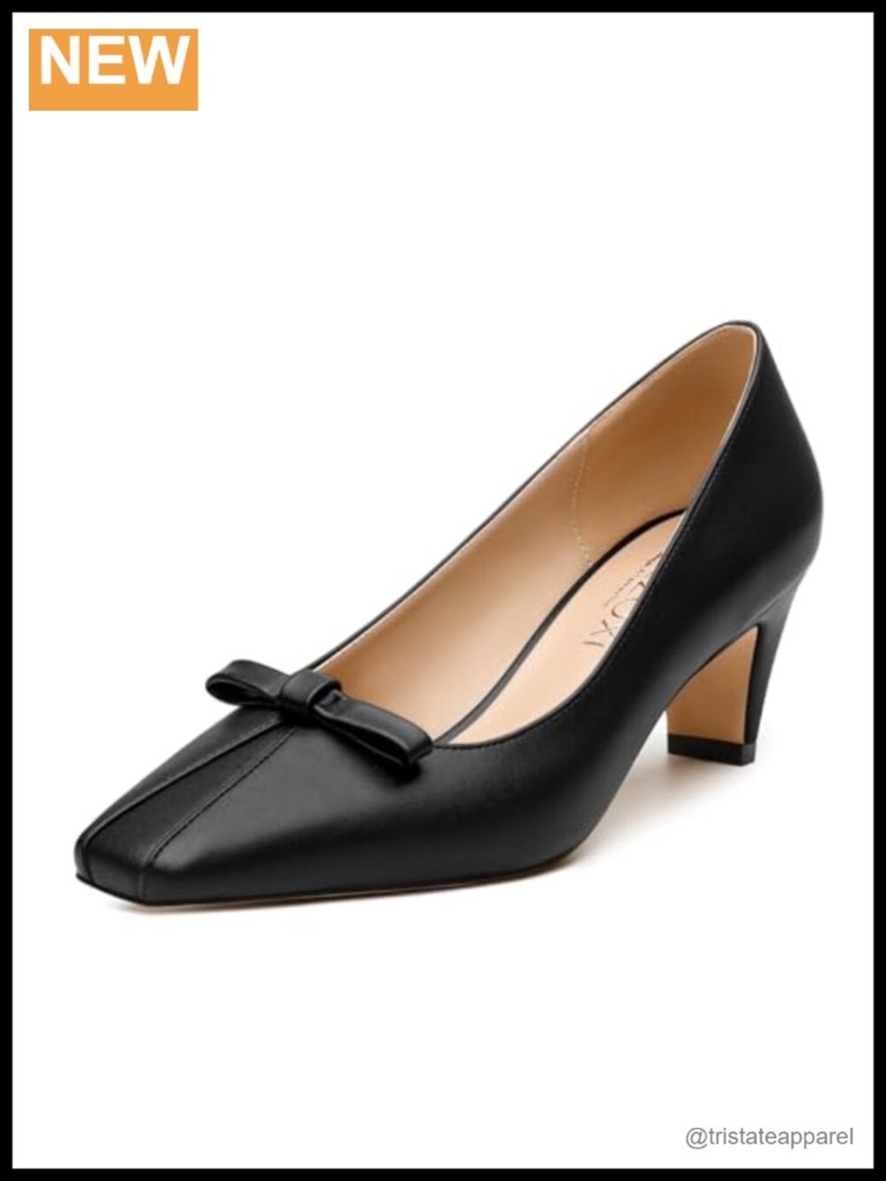 Square Toe Mid Block Heel Pump with Bow Accent